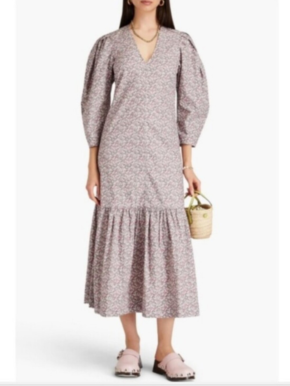NWT Ganni Floral Midi Dress Size 40, Organic Cotton, Frost Gray